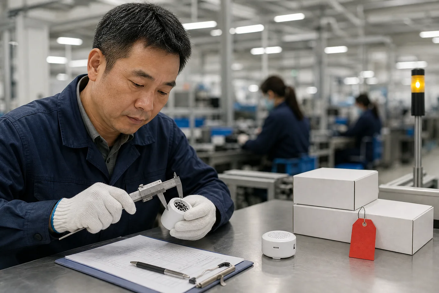 Inspector revisando una muestra de producto en una fábrica