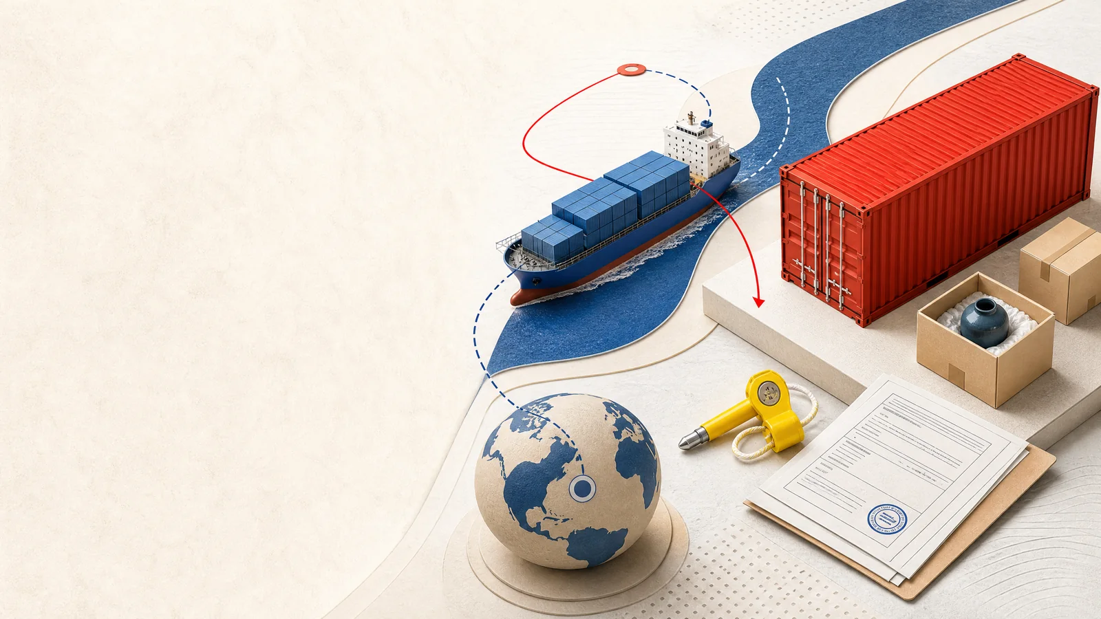Contenedor, barco y ruta de importación en una ilustración editorial